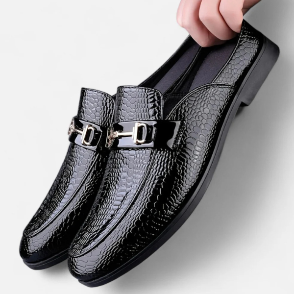 Men’s Dress Loafers | Gloss-Finish Vegan Leather Slip-On Shoes with Buckle
