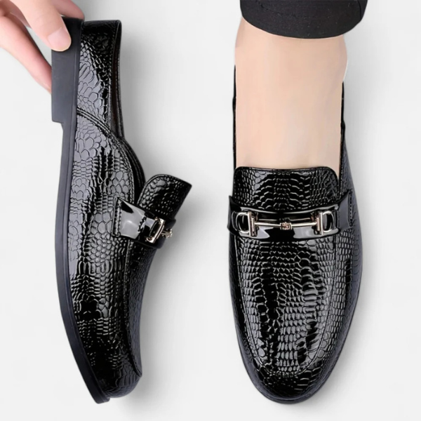 Men’s Dress Loafers | Gloss-Finish Vegan Leather Slip-On Shoes with Buckle