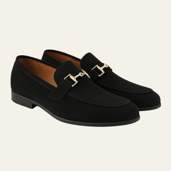 Men’s Loafers | Black Vegan Suede Slip-On Shoes with Gold Detail